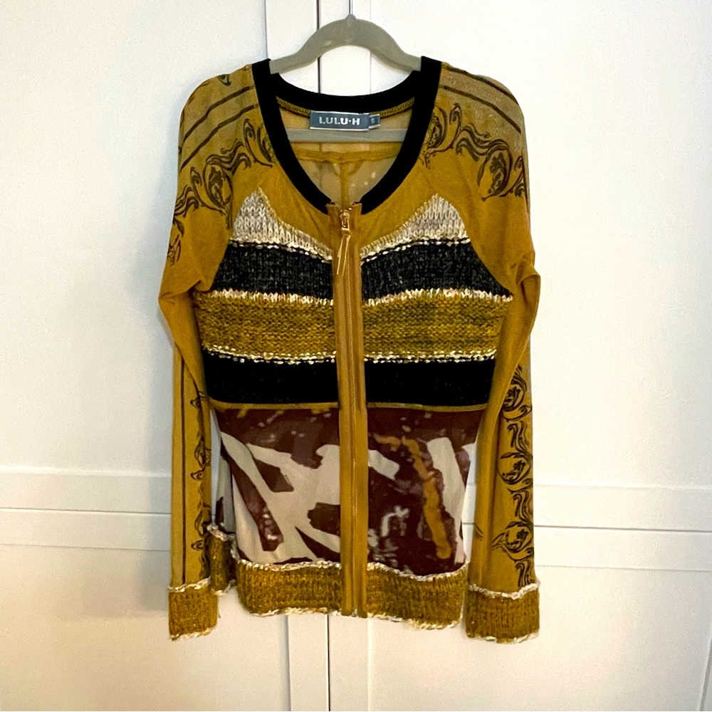 LULU-H beautiful knitted zipper cardigan mustard yellow and black size small